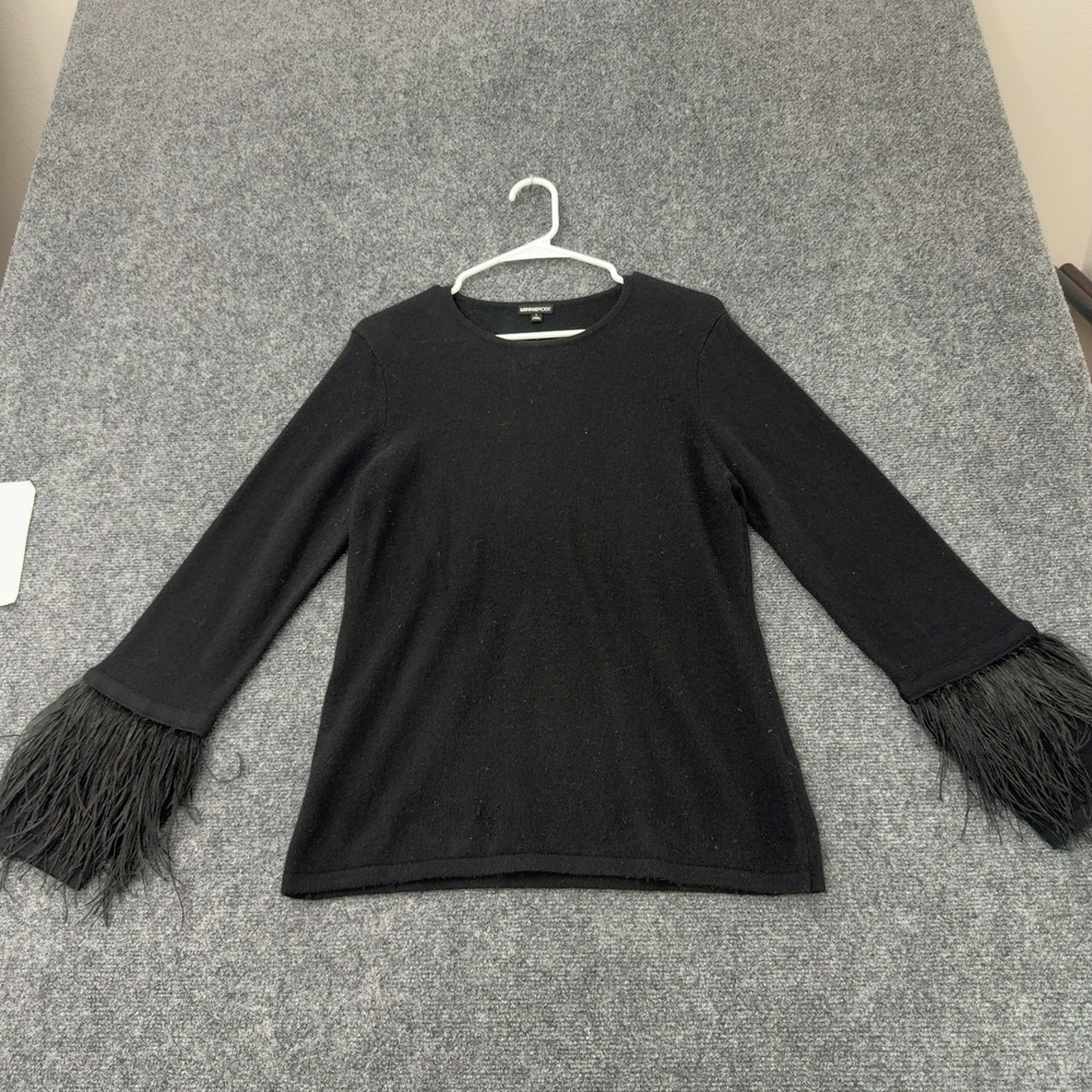 Minnie Rose Sweater Women L Black Cashmere Ostrich Feather Trim Cuff Luxury Glam